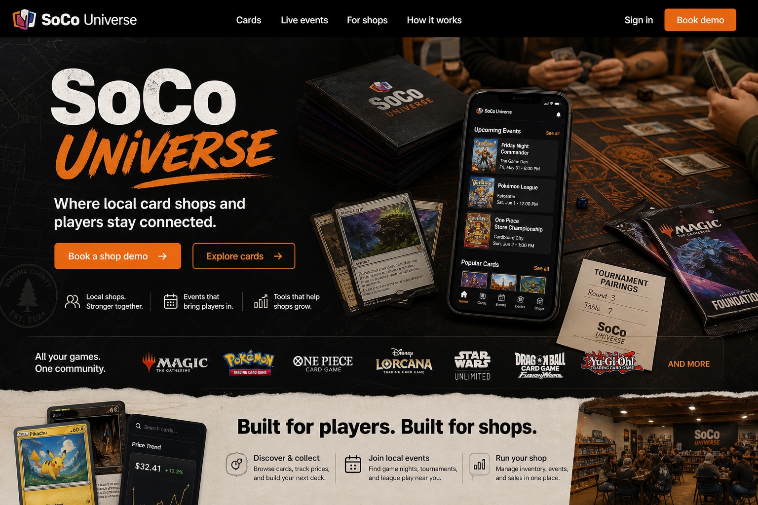 Trading card game night scene with cards, phone events, and tournament pairing slip